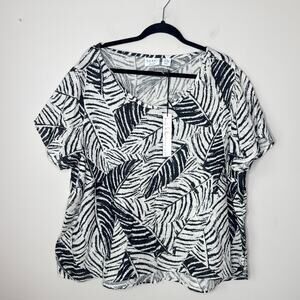 NEW NWT Nicole Miller The Linen‎ Collection Black & Beige Leaf Print Top Size 2X